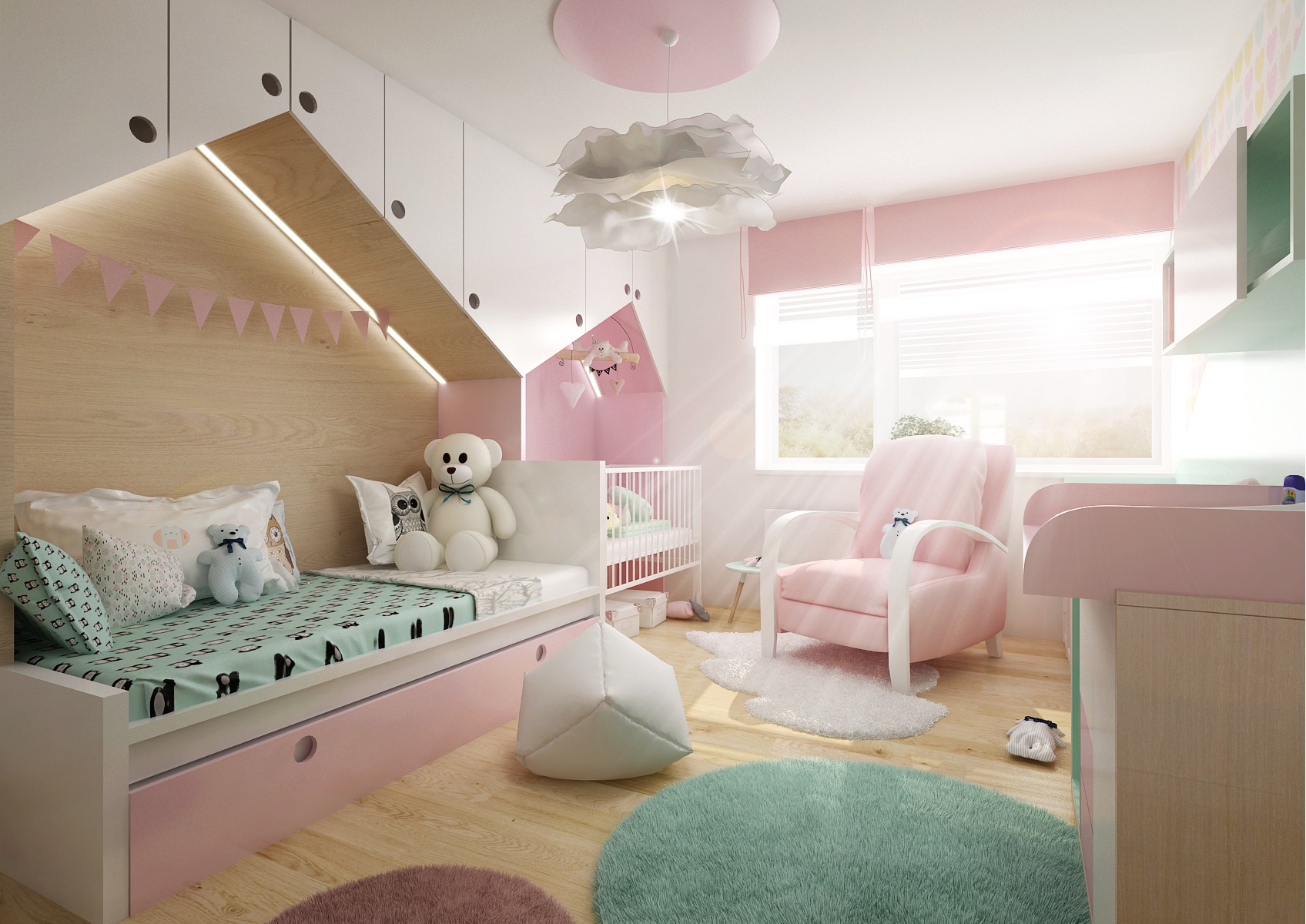 Children's room in a combination of baby pink and mint colors | AŤÁK DESIGN